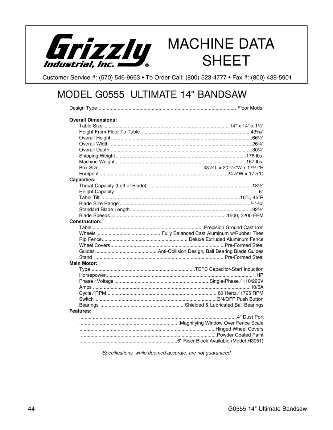 Grizzly G0555 instruction manual Machine Data Sheet 