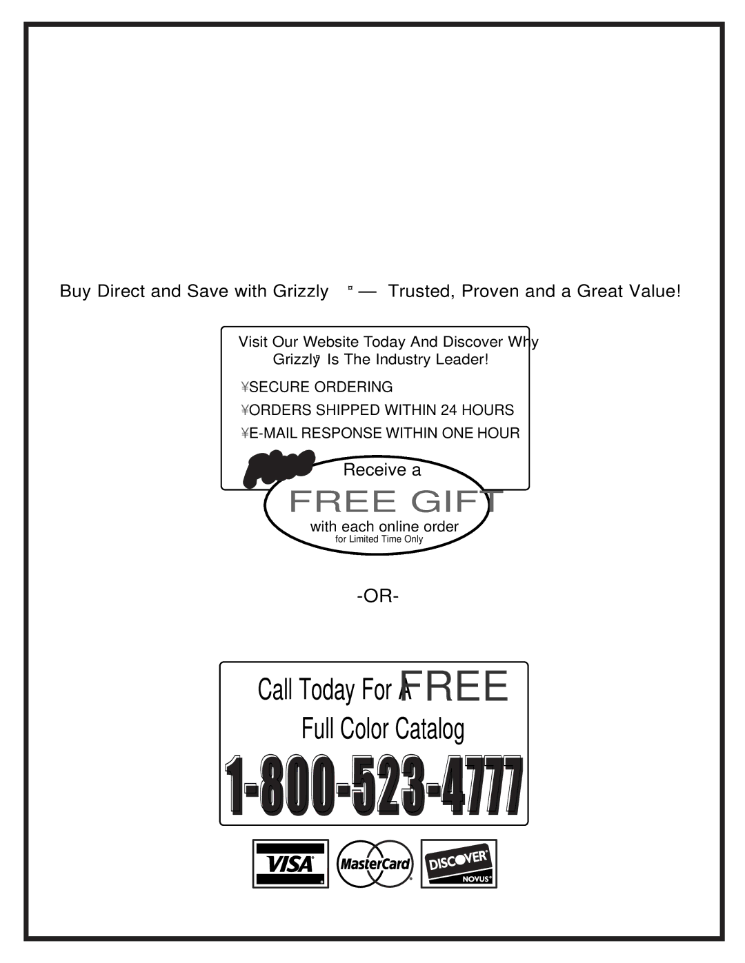 Grizzly G0555 instruction manual Call Today For a Free Full Color Catalog 