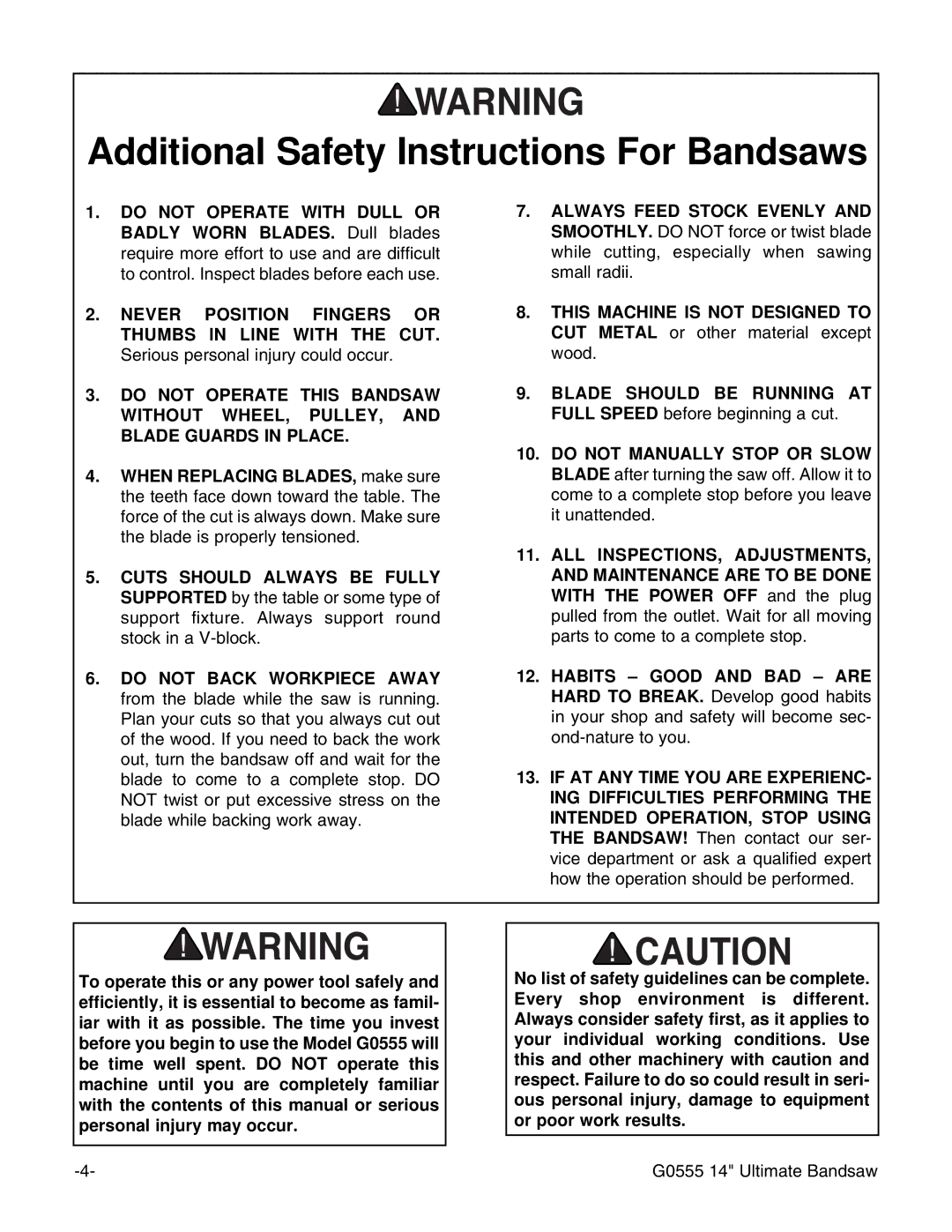 Grizzly G0555 instruction manual Additional Safety Instructions For Bandsaws 