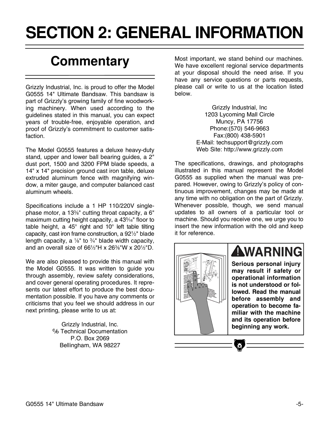 Grizzly G0555 instruction manual General Information, Commentary 