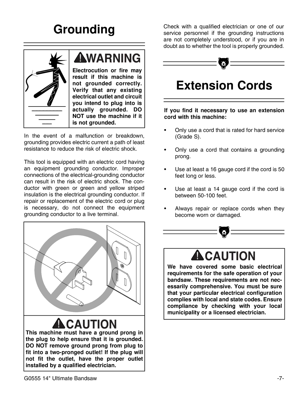 Grizzly G0555 instruction manual Grounding, Extension Cords 