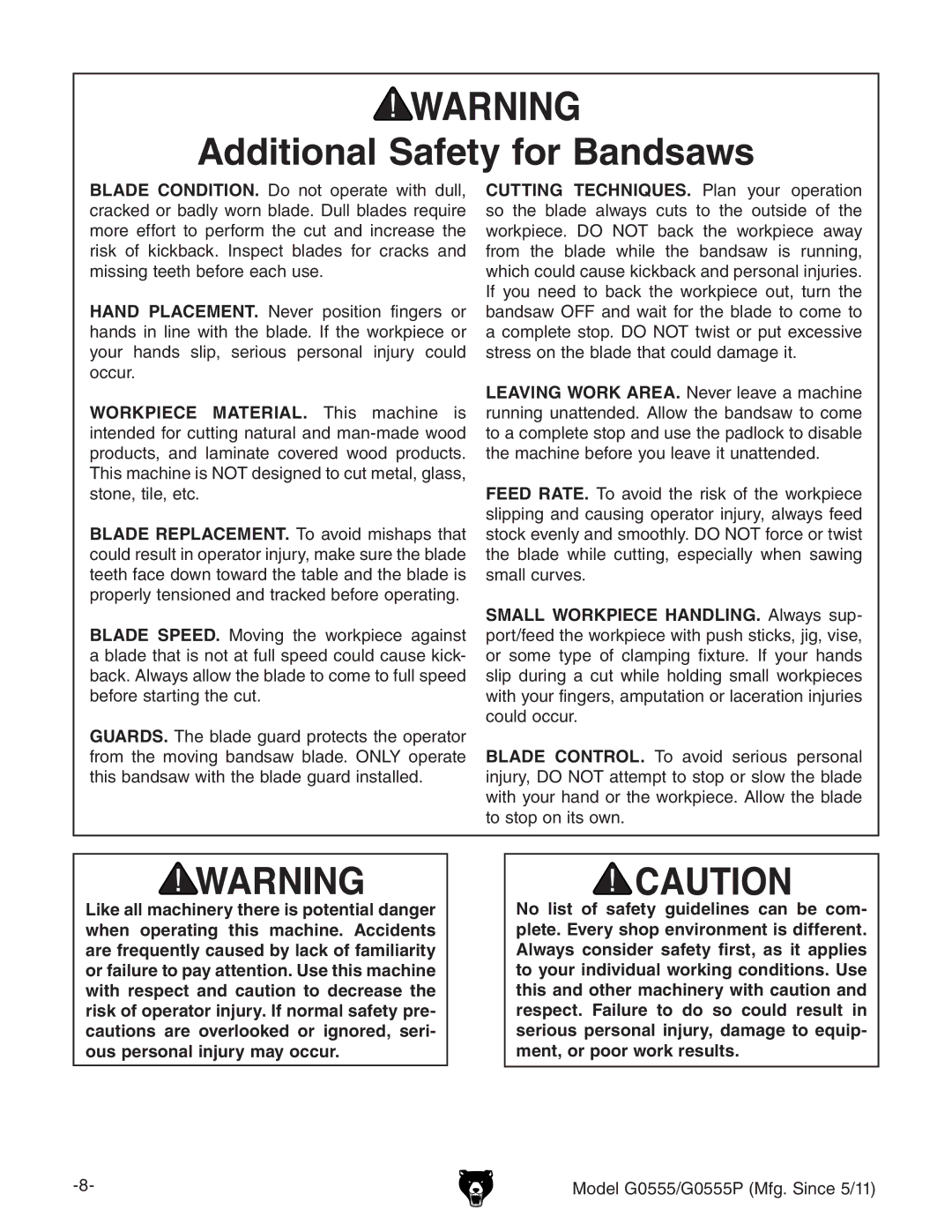 Grizzly G0555 owner manual Additional Safety for Bandsaws 