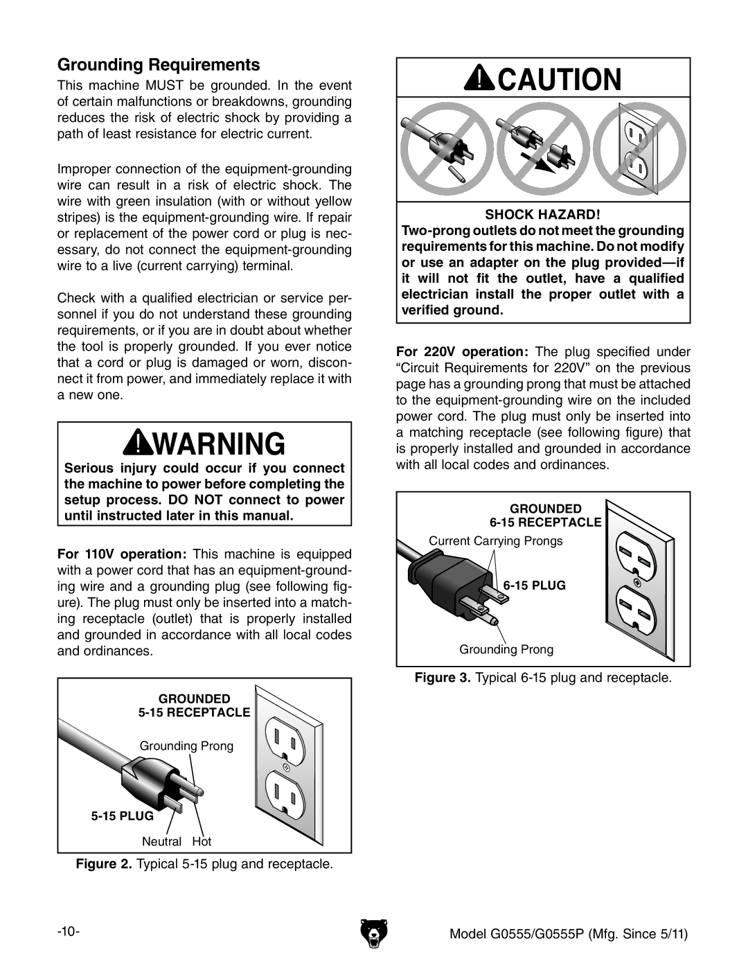 Grizzly G0555 owner manual Grounding Requirements, Shock Hazard 