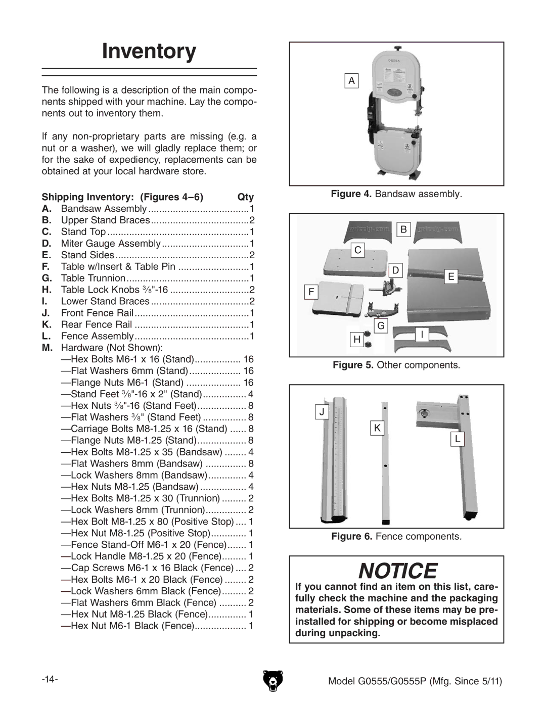 Grizzly G0555 owner manual Shipping Inventory Figures Qty 