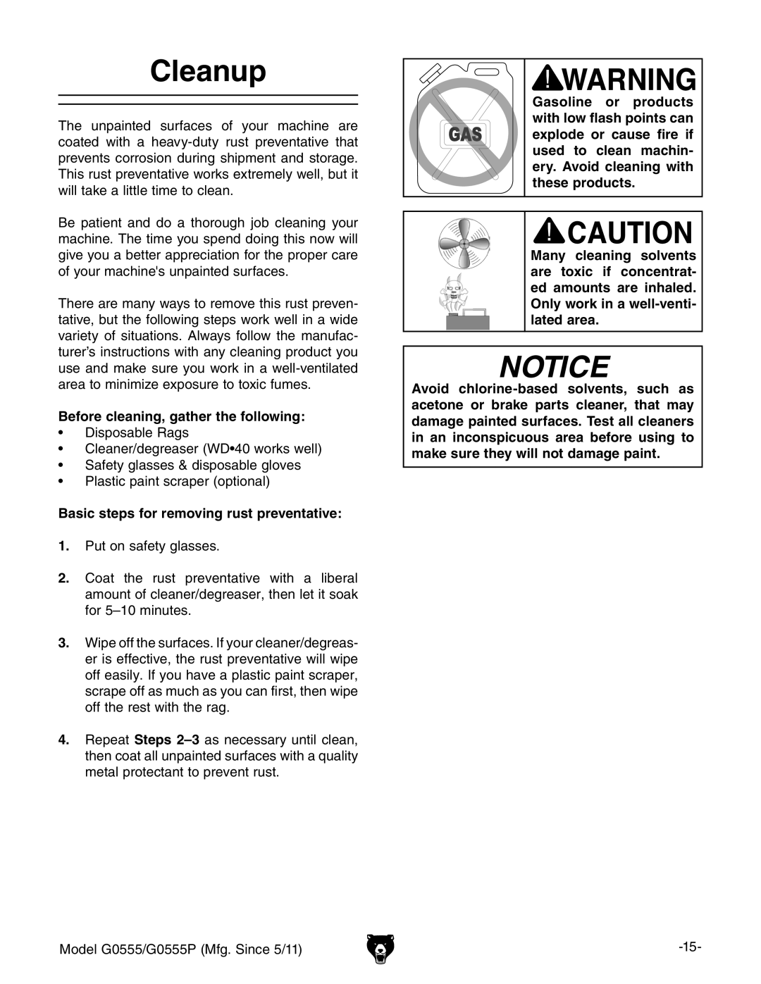 Grizzly G0555 owner manual Cleanup, Before cleaning, gather the following, Basic steps for removing rust preventative 