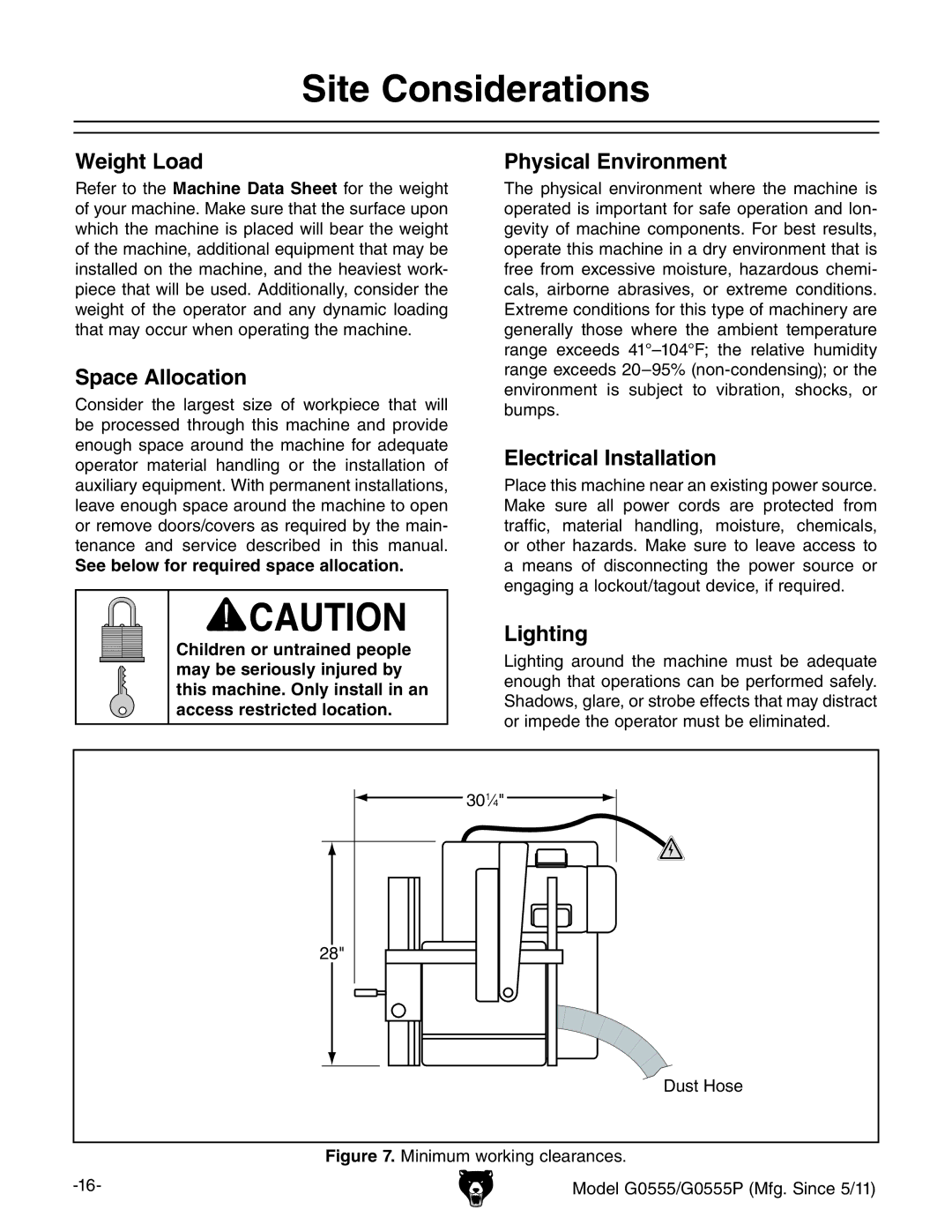 Grizzly G0555 owner manual Site Considerations 