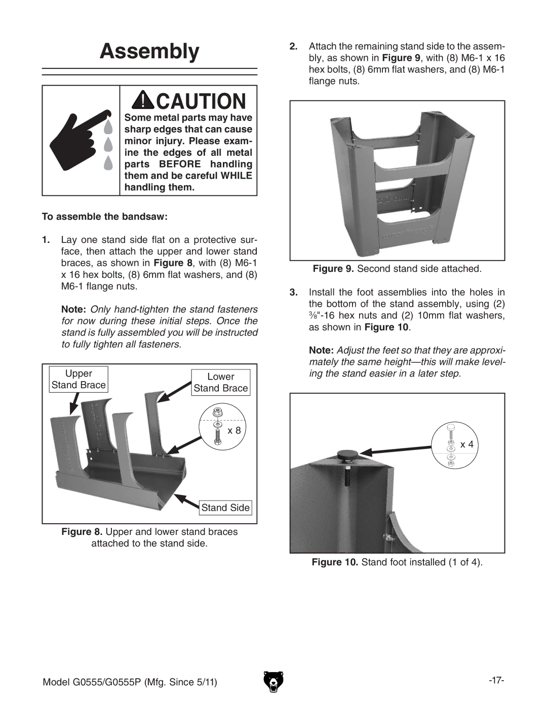 Grizzly G0555 owner manual Assembly, Ing the stand easier in a later step 