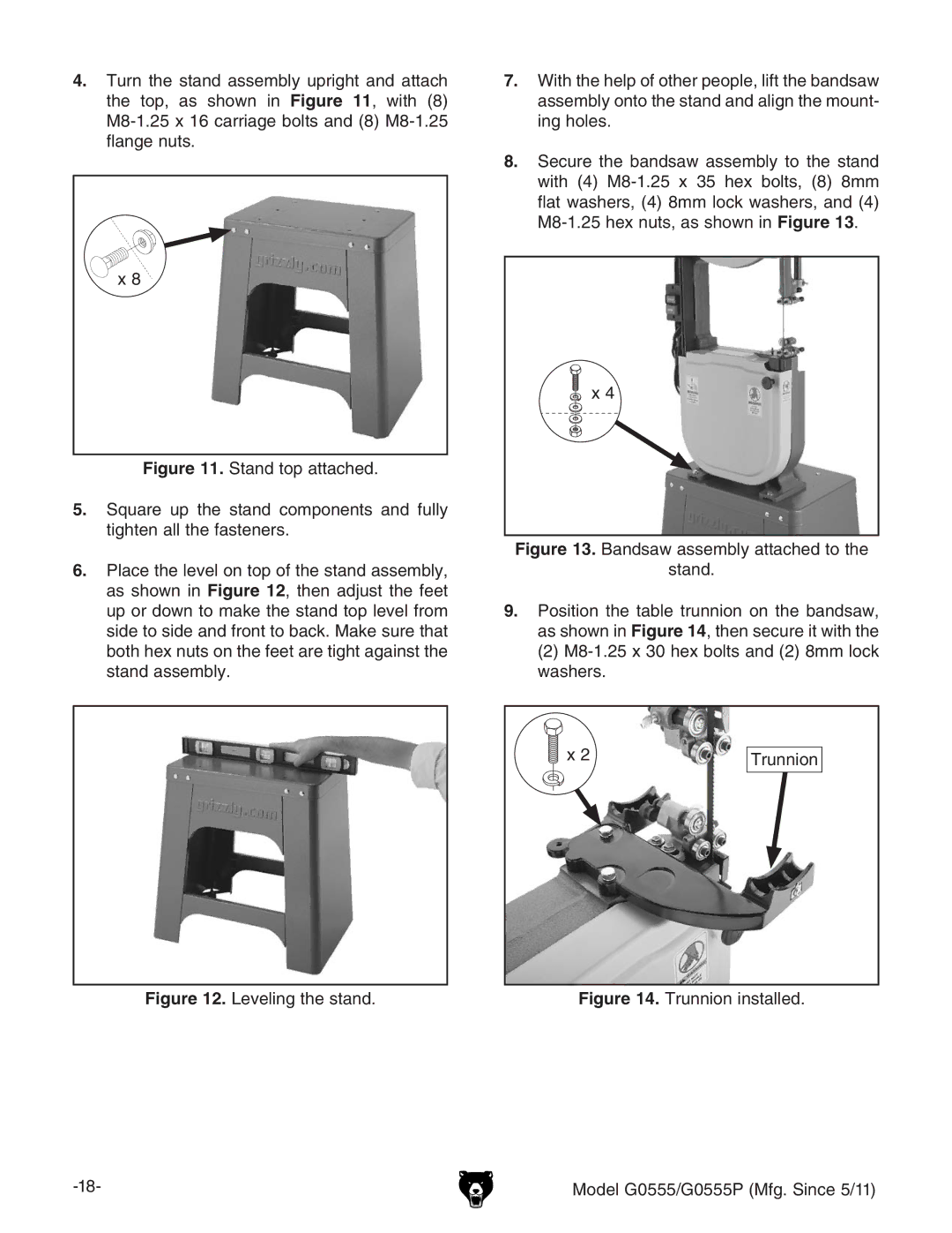 Grizzly G0555 owner manual Leveling the stand Trunnion 