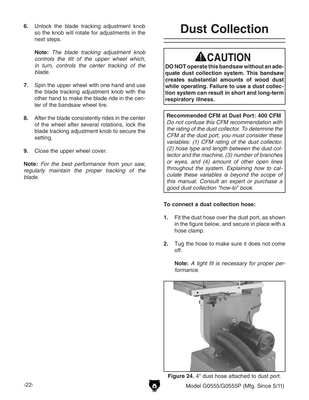 Grizzly G0555 owner manual Dust Collection, To connect a dust collection hose 