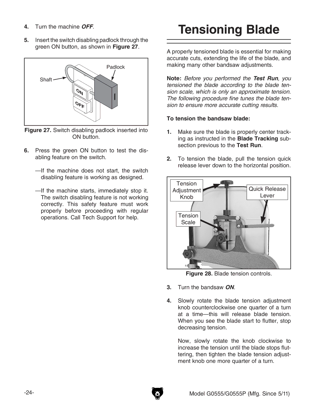 Grizzly G0555 owner manual Tensioning Blade, To tension the bandsaw blade 