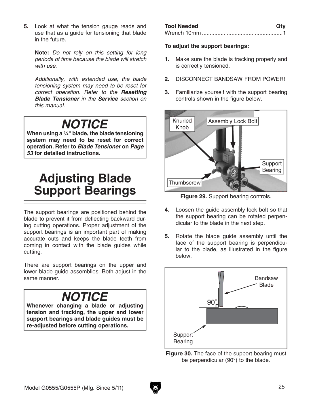 Grizzly G0555 owner manual Adjusting Blade Support Bearings, To adjust the support bearings 