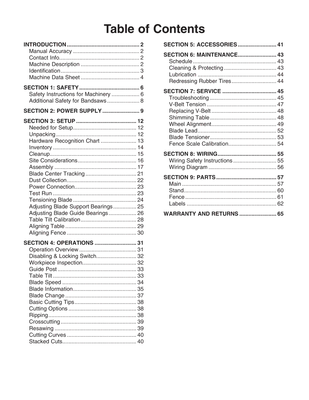 Grizzly G0555 owner manual Table of Contents 