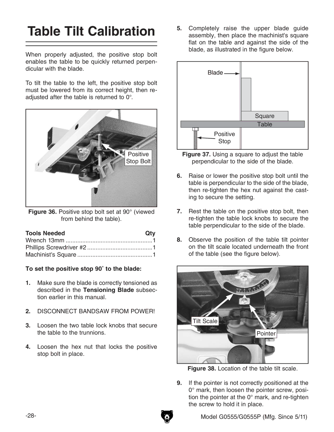 Grizzly G0555 owner manual Table Tilt Calibration, Tools Needed Qty, To set the positive stop 90˚ to the blade 