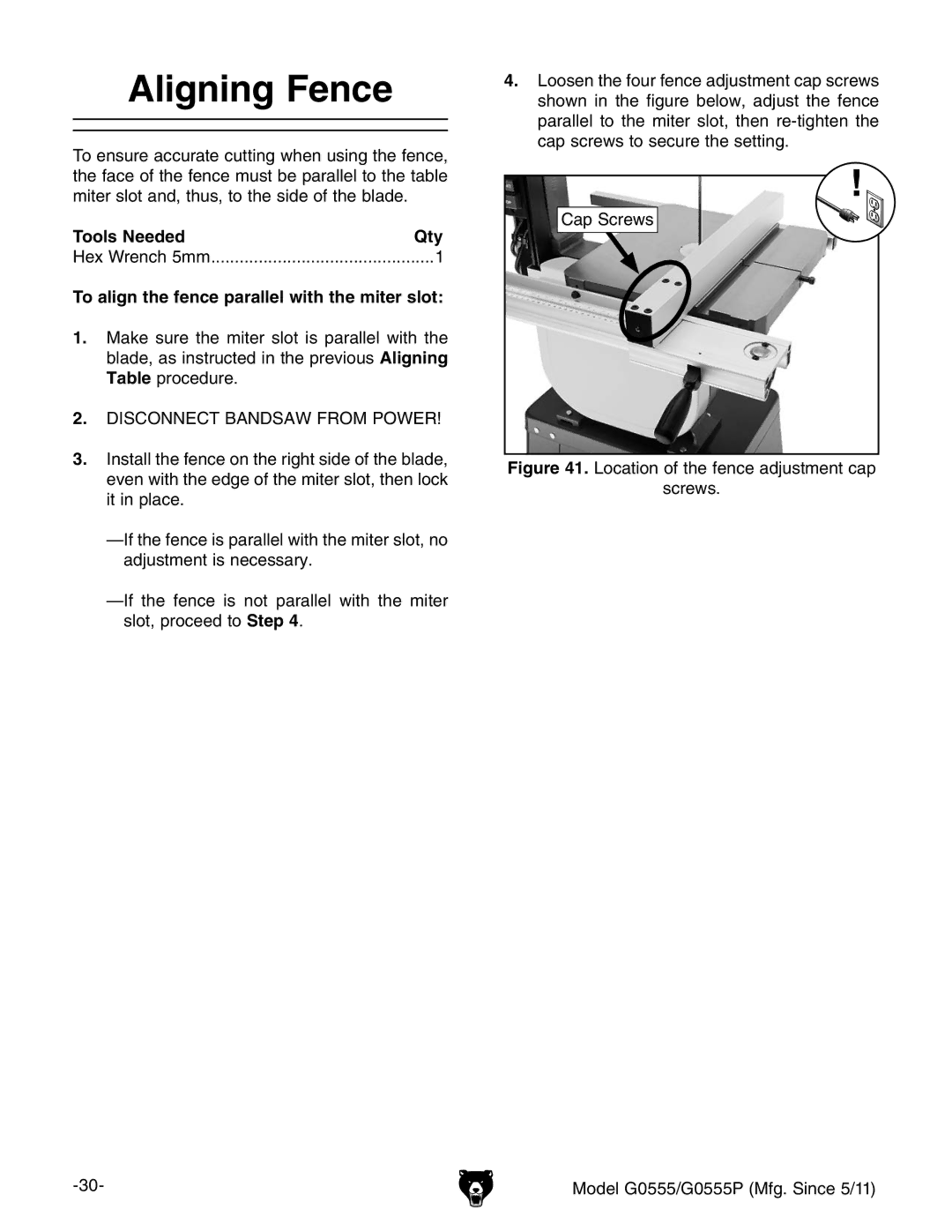 Grizzly G0555 owner manual Aligning Fence 