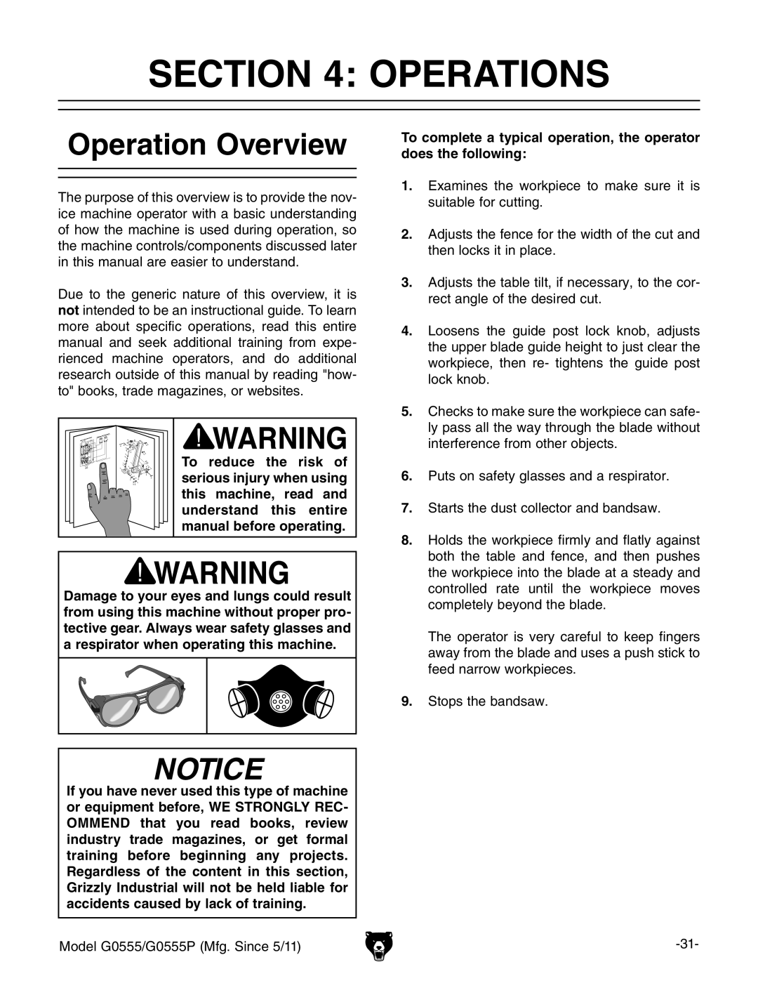 Grizzly G0555 owner manual Operations, Operation Overview 