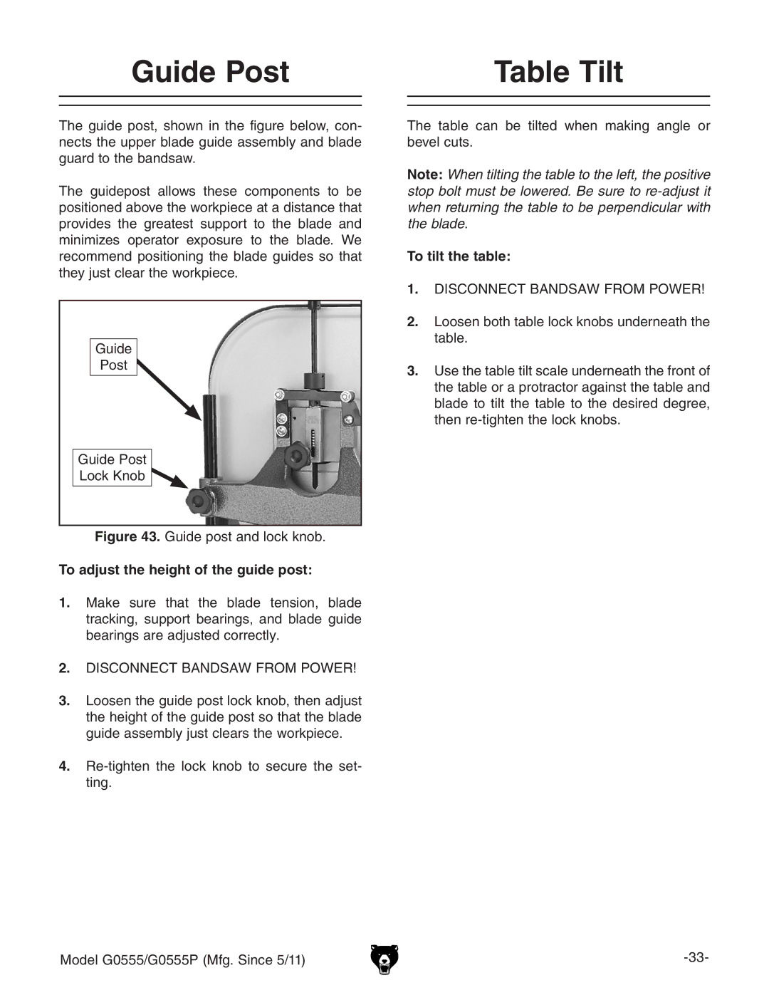 Grizzly G0555 owner manual Guide Post Table Tilt, To adjust the height of the guide post, To tilt the table 