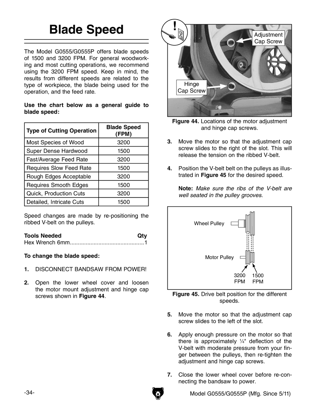 Grizzly G0555 owner manual Blade Speed, To change the blade speed 