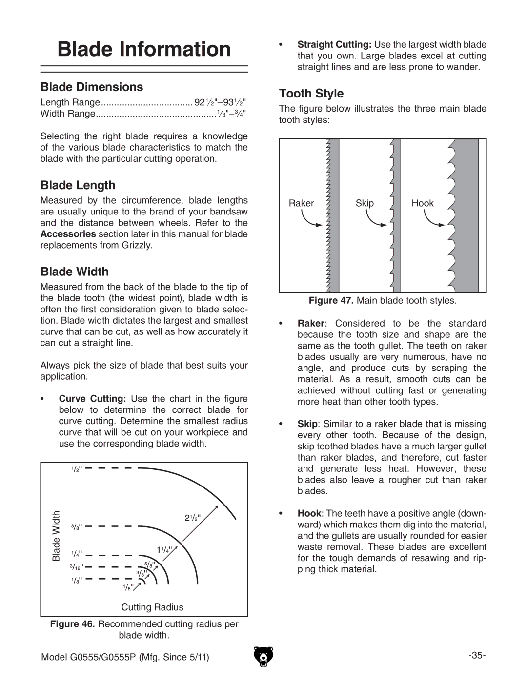 Grizzly G0555 owner manual Blade Information, Blade Dimensions, Blade Length, Blade Width, Tooth Style 