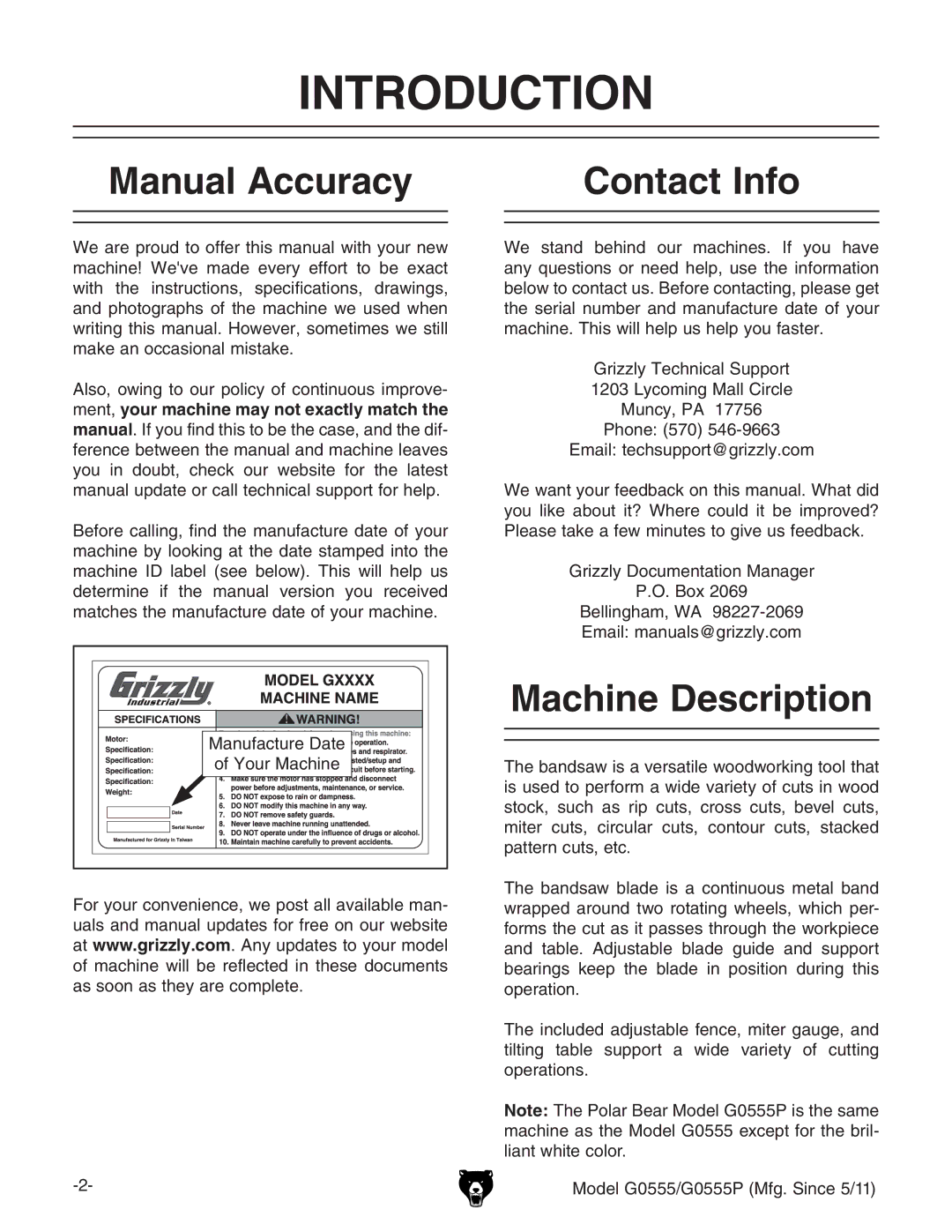 Grizzly G0555 owner manual Introduction, Manual Accuracy Contact Info, Machine Description 