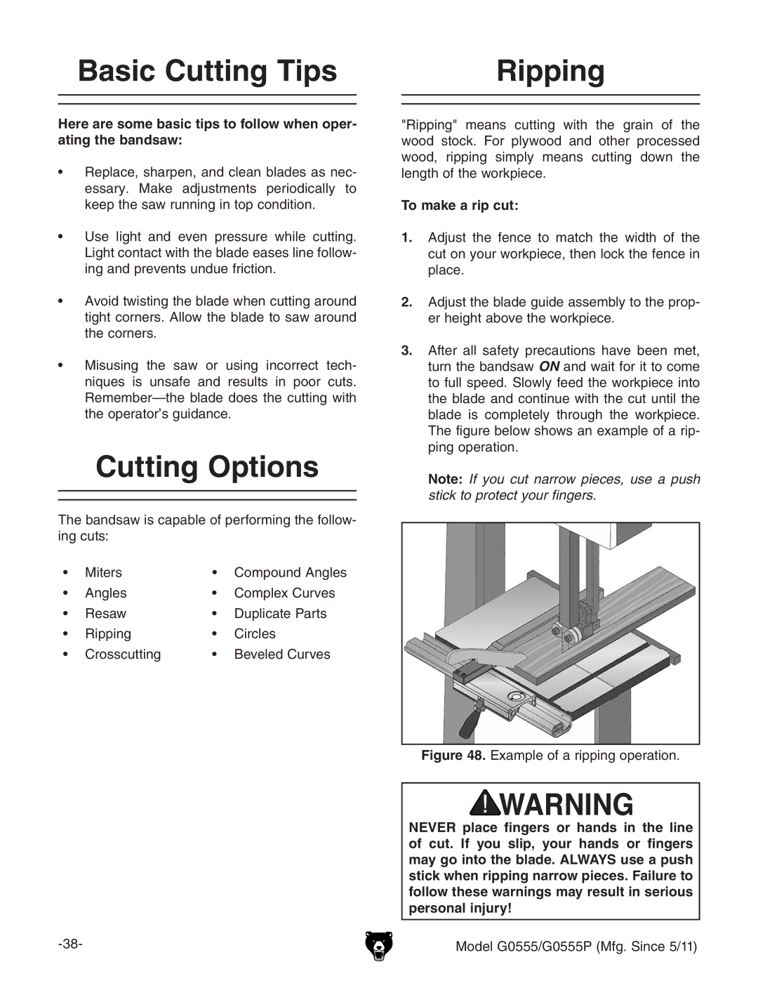 Grizzly G0555 owner manual Basic Cutting Tips, Cutting Options, Ripping, To make a rip cut 