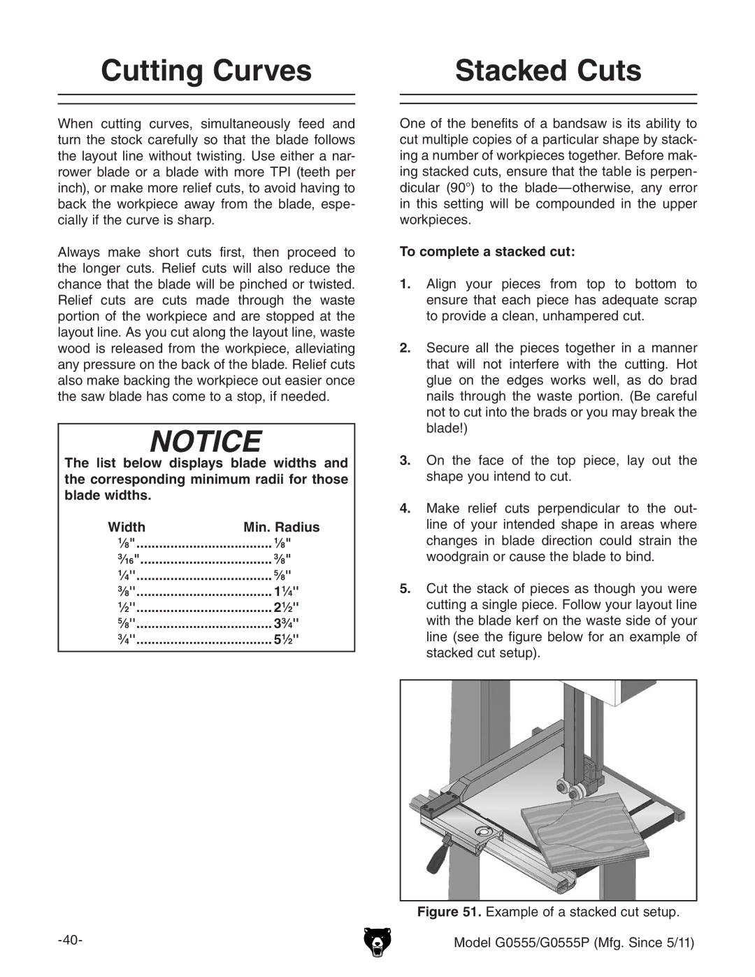 Grizzly G0555 owner manual Cutting Curves Stacked Cuts, To complete a stacked cut 