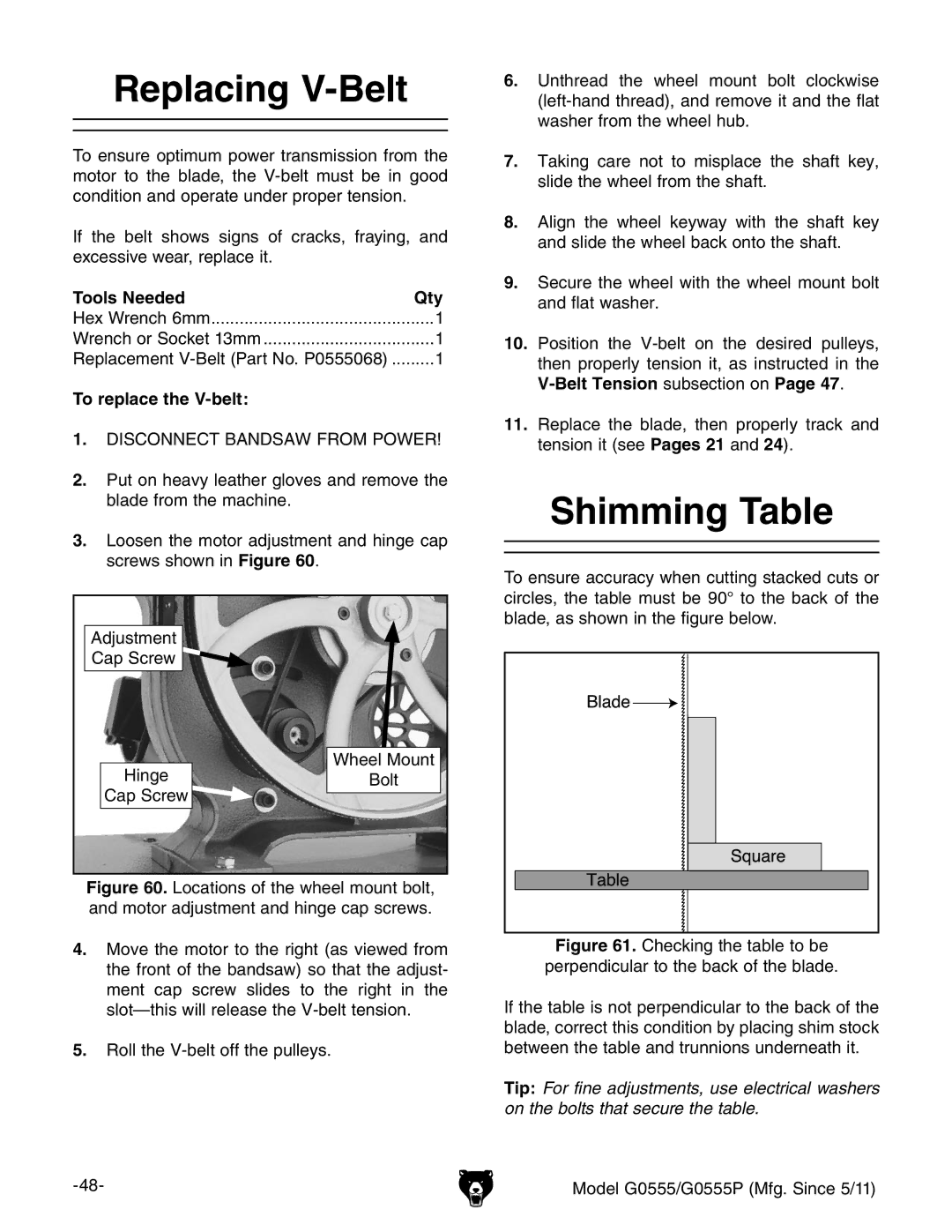 Grizzly G0555 owner manual Replacing V-Belt, Shimming Table, To replace the V-belt, Belt Tension subsection on 