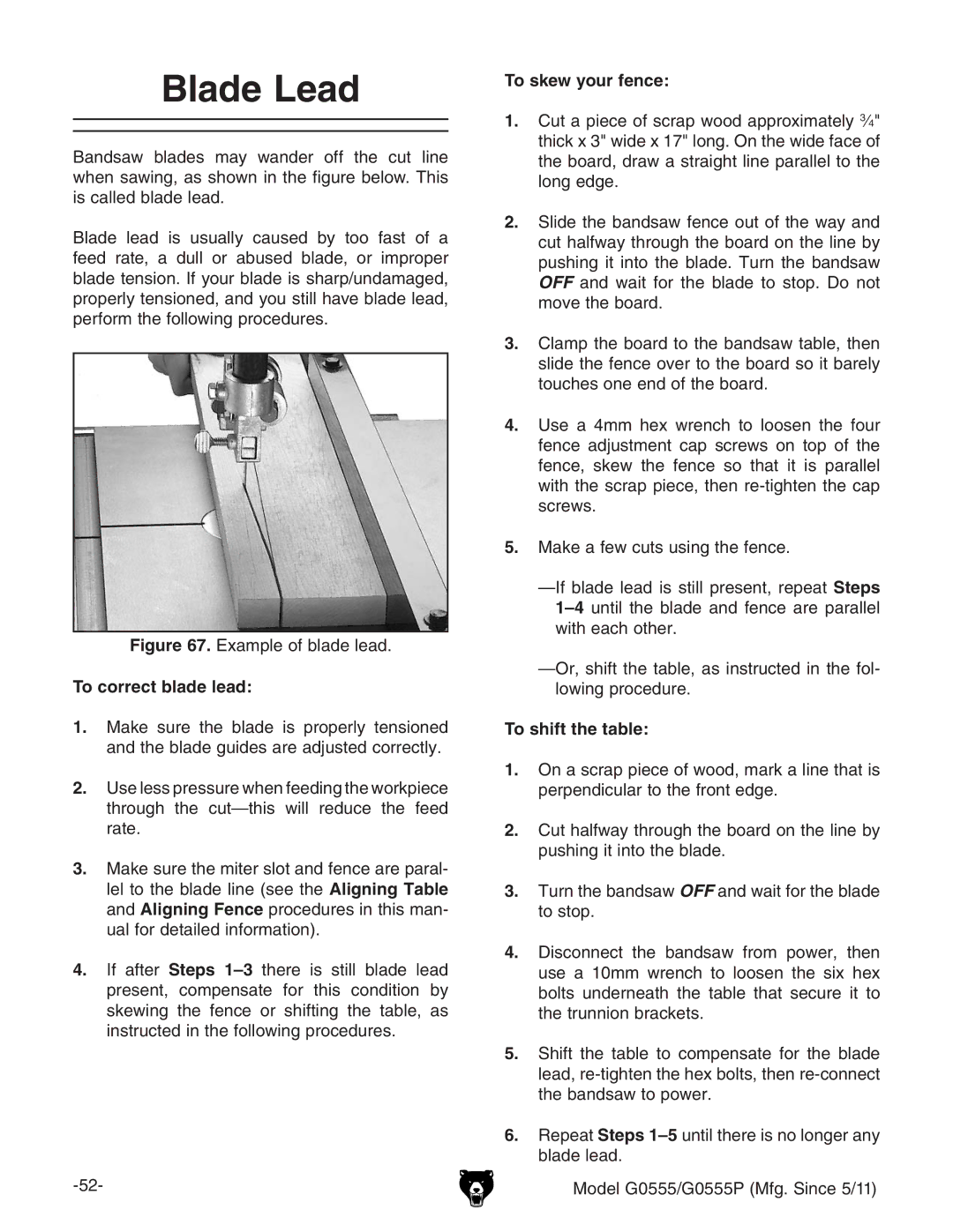 Grizzly G0555 owner manual Blade Lead, To correct blade lead, To skew your fence, To shift the table 