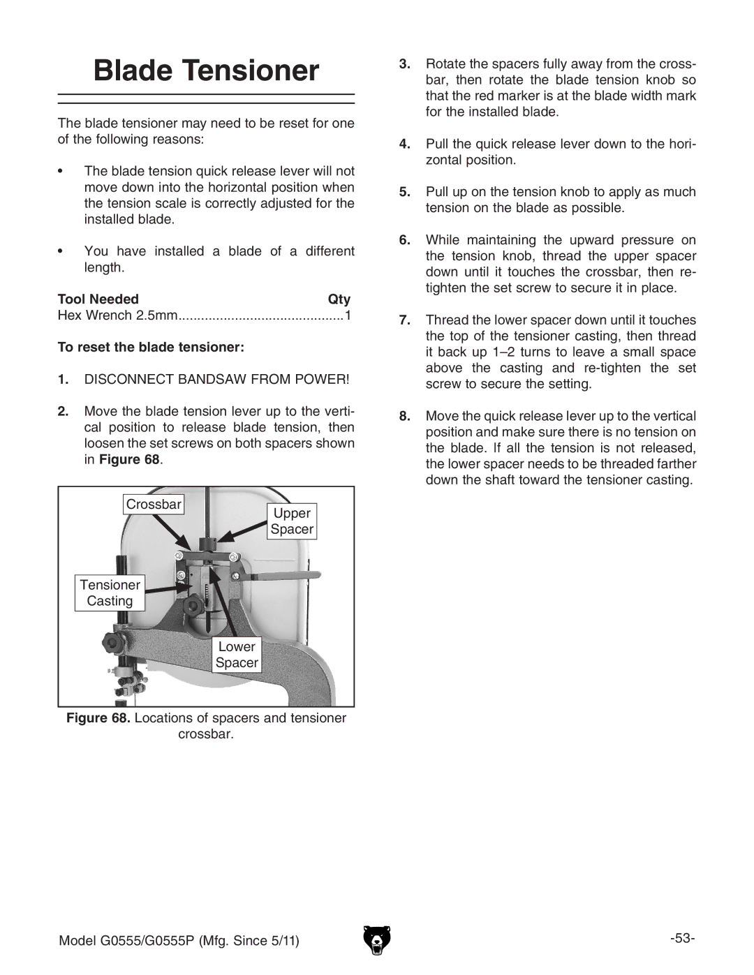 Grizzly G0555 owner manual Blade Tensioner, To reset the blade tensioner 