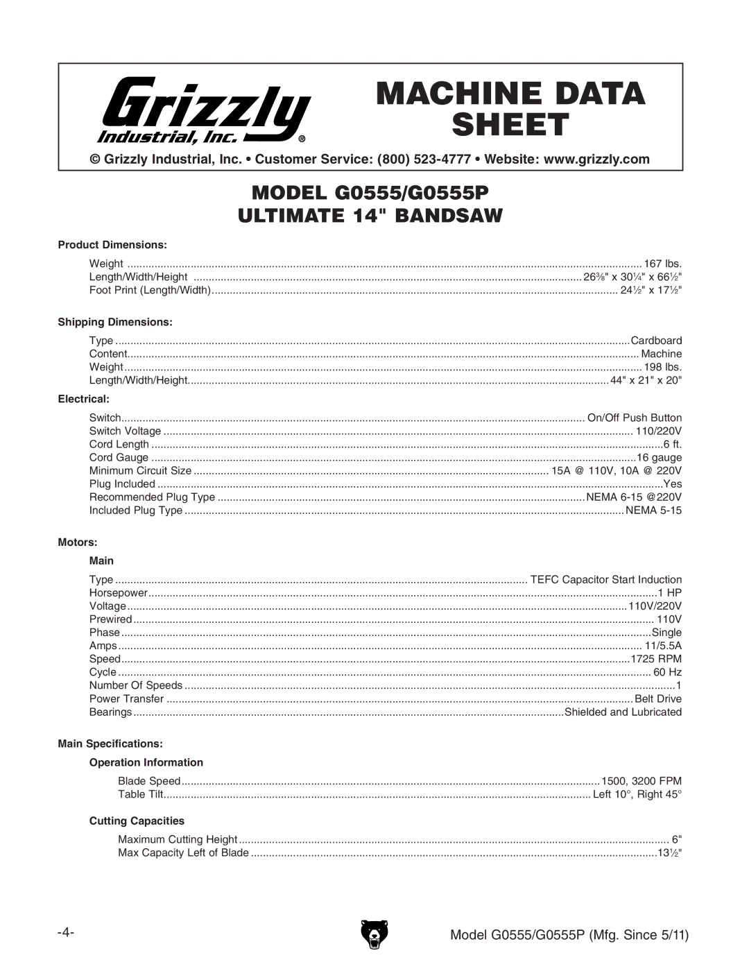 Grizzly G0555 owner manual MaCHiNe data SHeet 