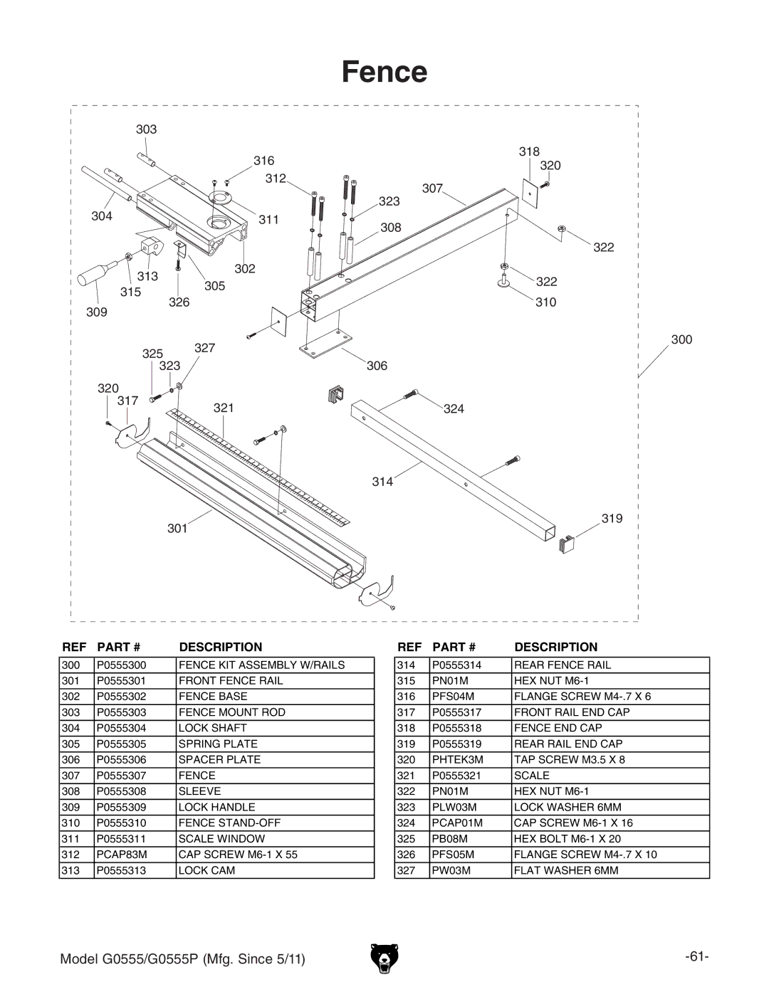 Grizzly G0555 owner manual Fence 