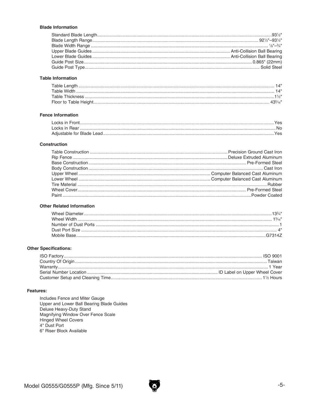 Grizzly G0555 owner manual Table Information 