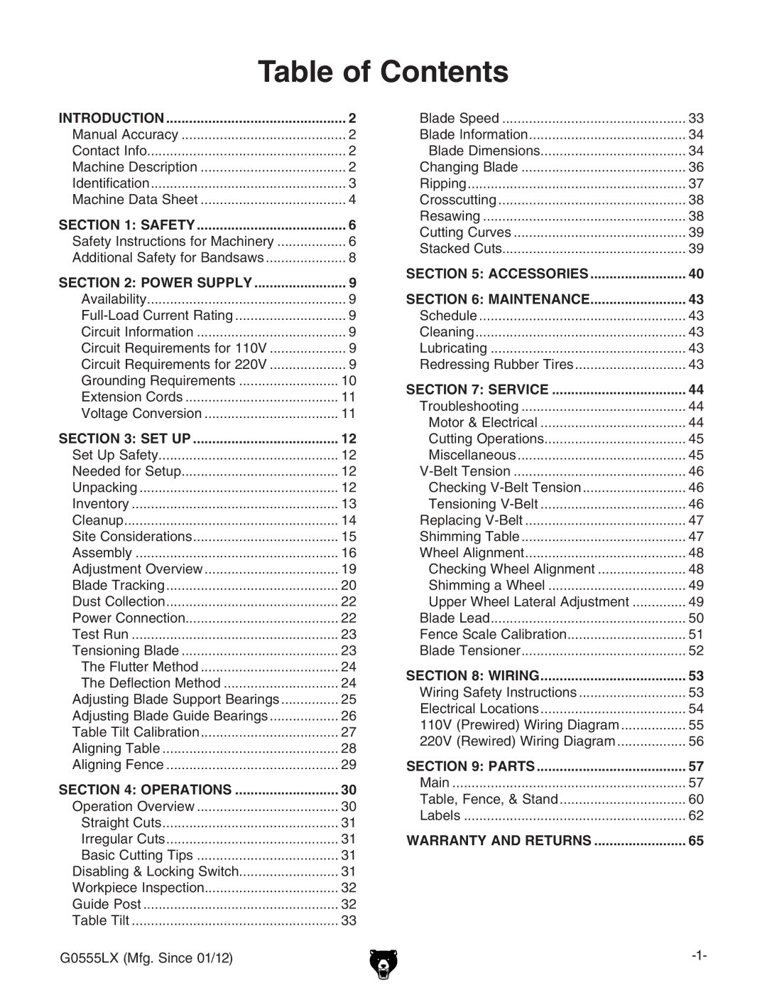 Grizzly G0555LANV owner manual Table of Contents 