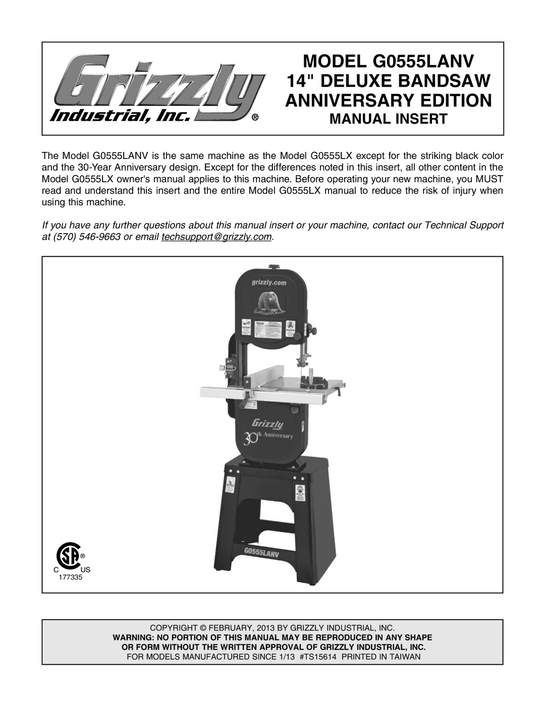 Grizzly owner manual Model G0555LANV 