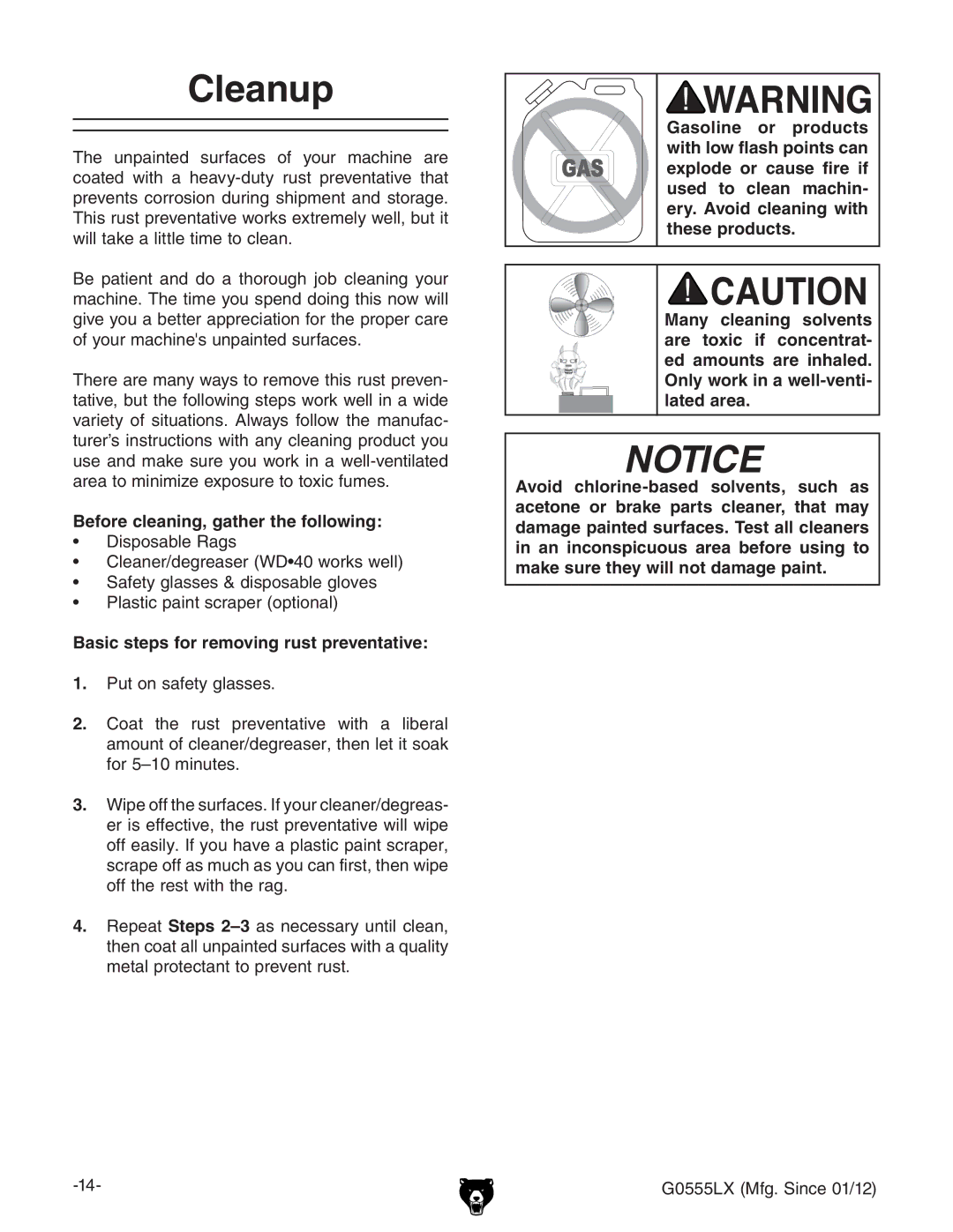 Grizzly G0555LANV owner manual Cleanup, Before cleaning, gather the following ™ 9hedhVWaZGV\h 