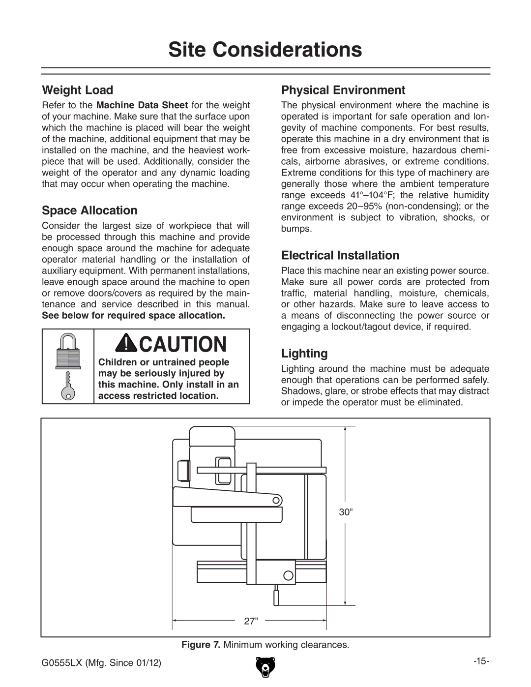 Grizzly G0555LANV owner manual Site Considerations 