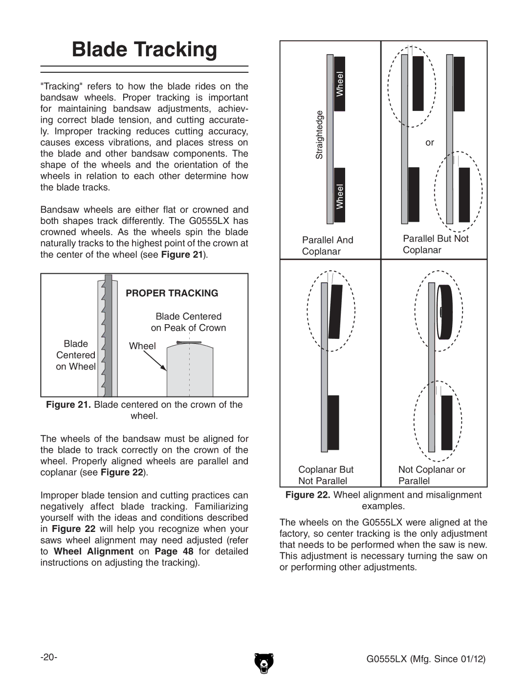 Grizzly G0555LANV owner manual Blade Tracking, Proper Tracking 