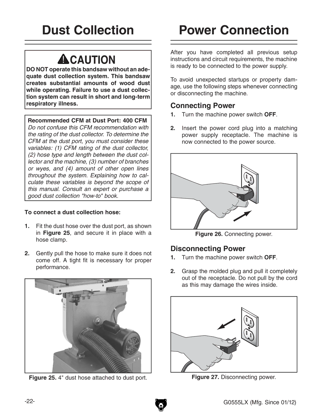 Grizzly G0555LANV owner manual Dust Collection,  Power Connection, Connecting Power, Disconnecting Power 