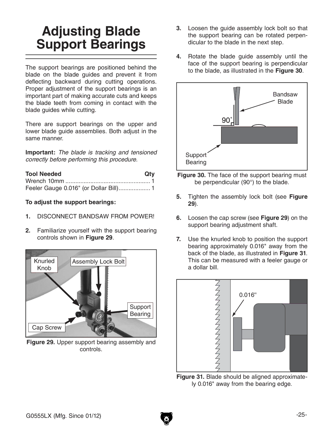 Grizzly G0555LANV owner manual Adjusting Blade Support Bearings, Tool NeededQty, To adjust the support bearings 