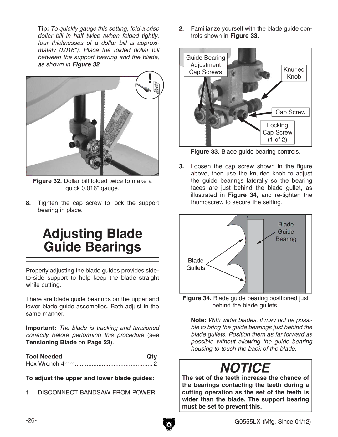 Grizzly G0555LANV owner manual Adjusting Blade Guide Bearings, To adjust the upper and lower blade guides 