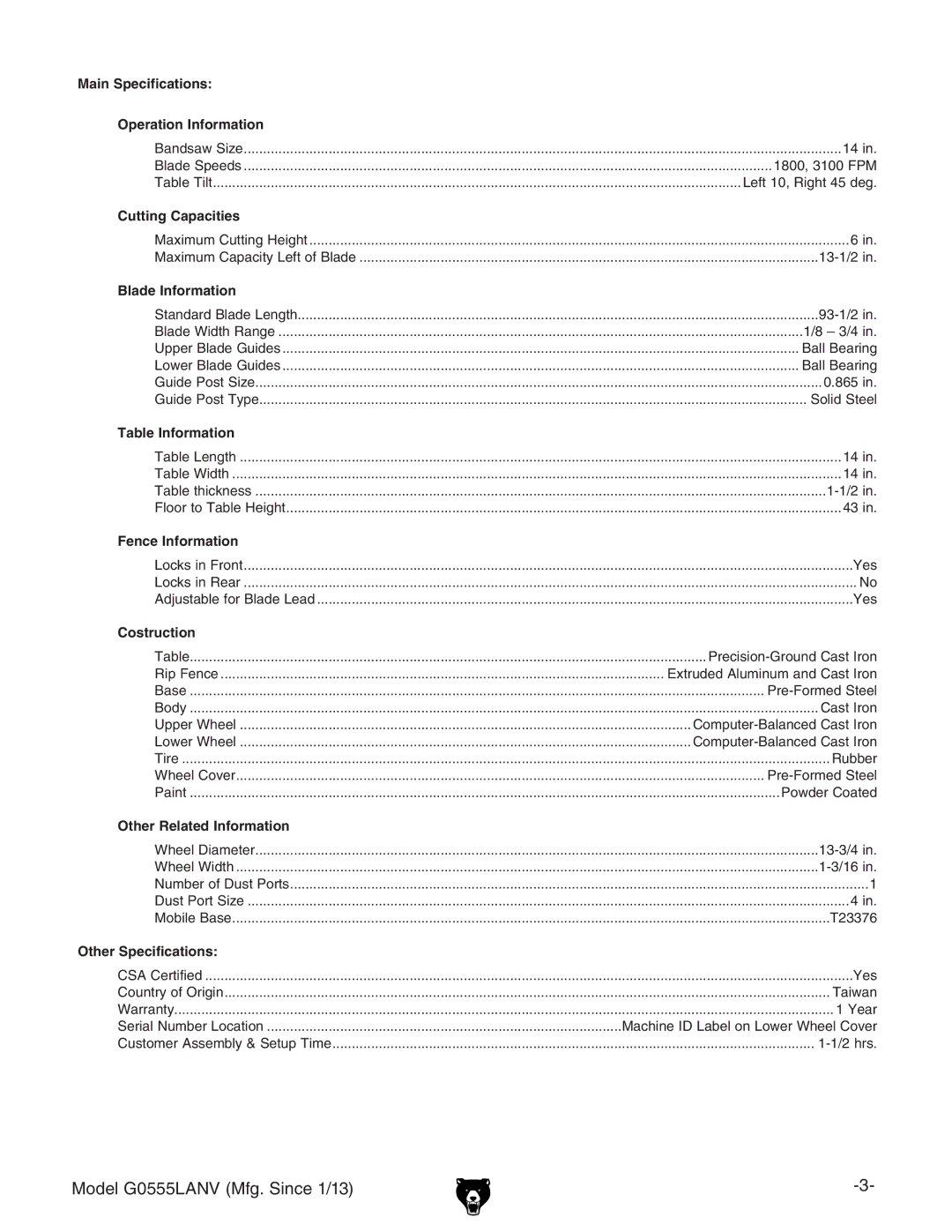 Grizzly G0555LANV owner manual Main Specifications Operation Information 