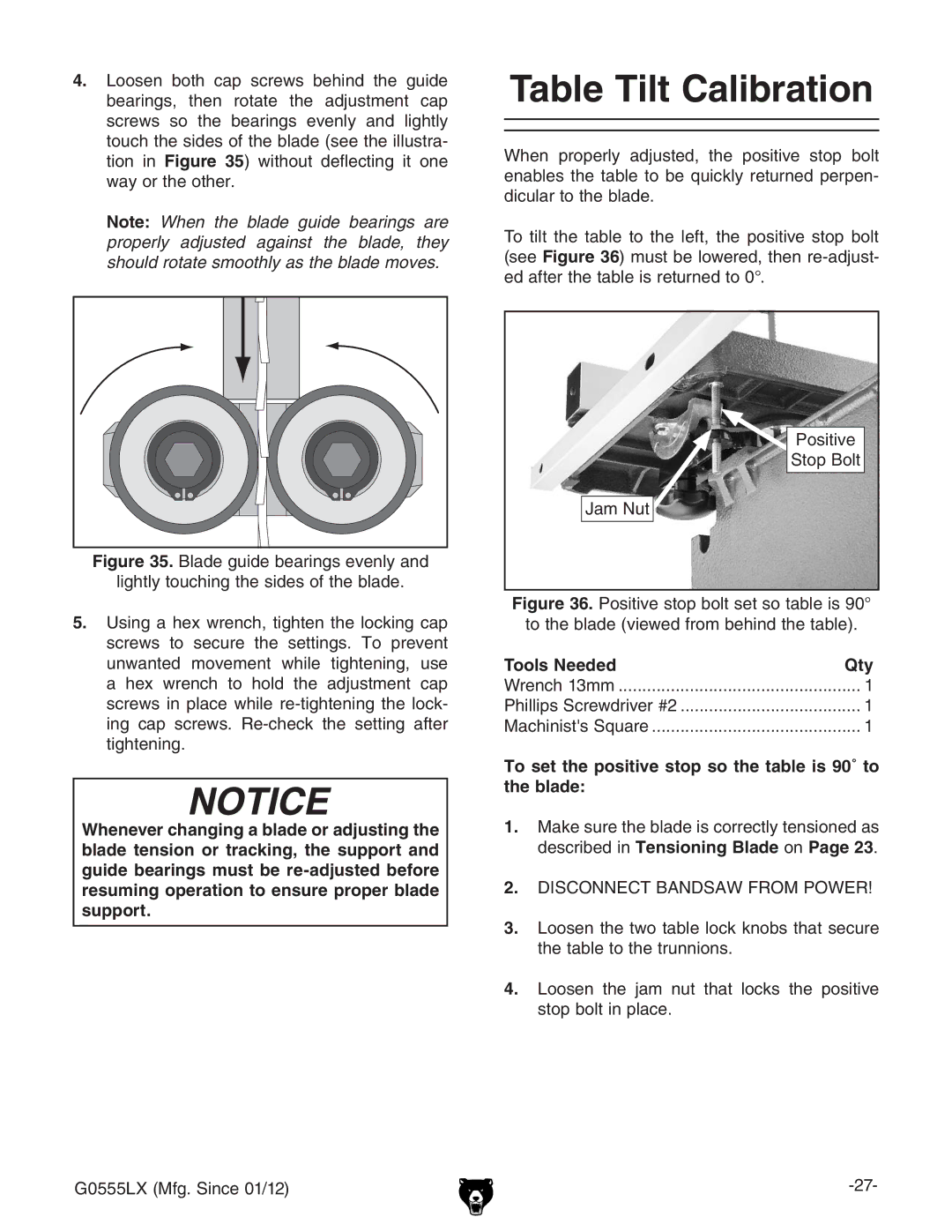 Grizzly G0555LANV Table Tilt Calibration, Tools NeededQty, To set the positive stop so the table is 90˚ to the blade 