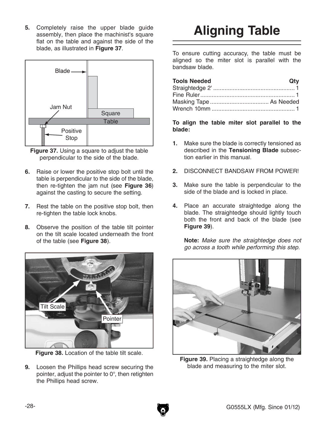 Grizzly G0555LANV owner manual Aligning Table, To align the table miter slot parallel to the blade 