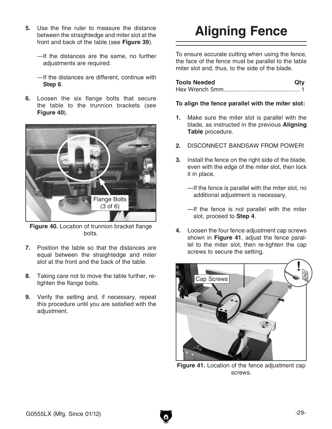 Grizzly G0555LANV owner manual Aligning Fence, Tools Needed Qty, To align the fence parallel with the miter slot 