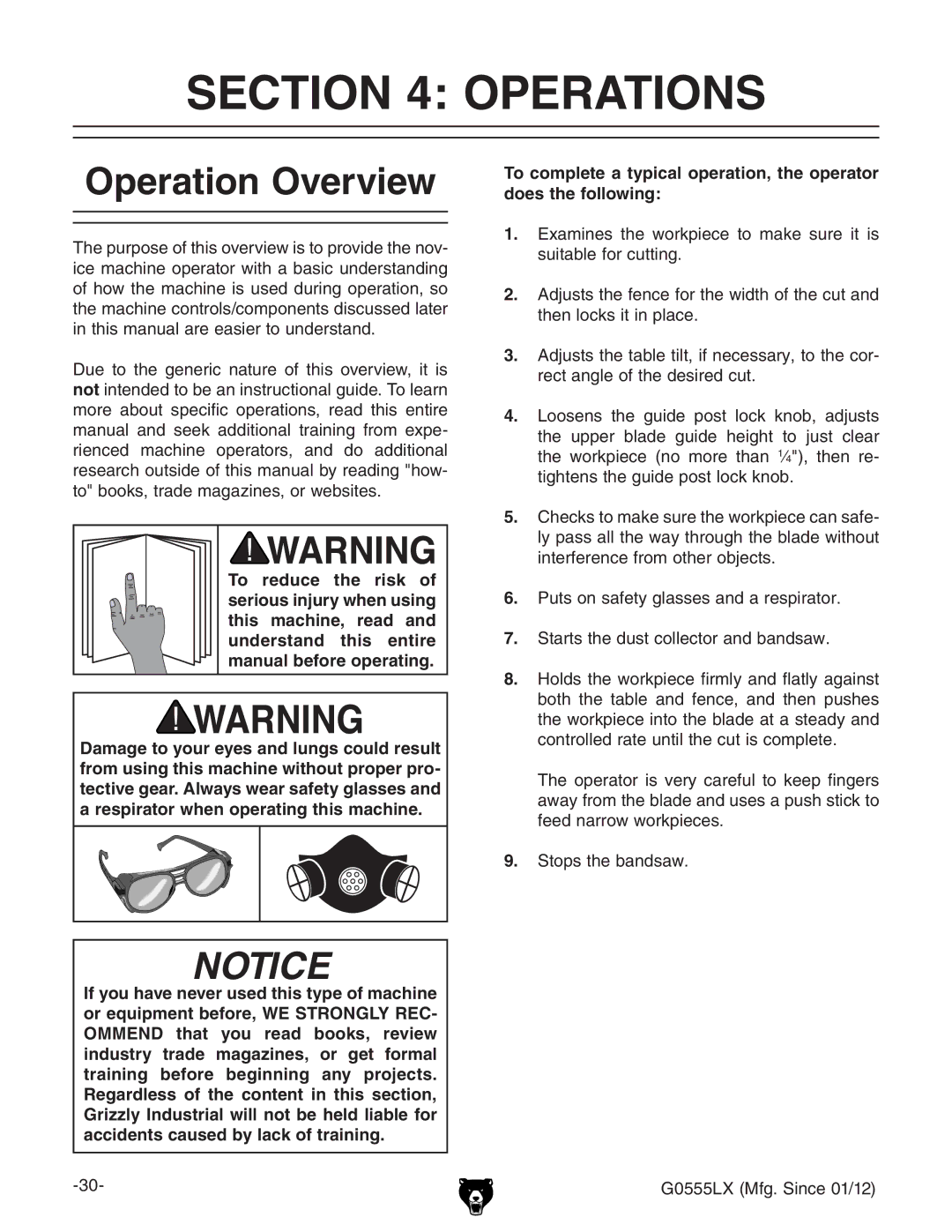 Grizzly G0555LANV owner manual Operations, Operation Overview 