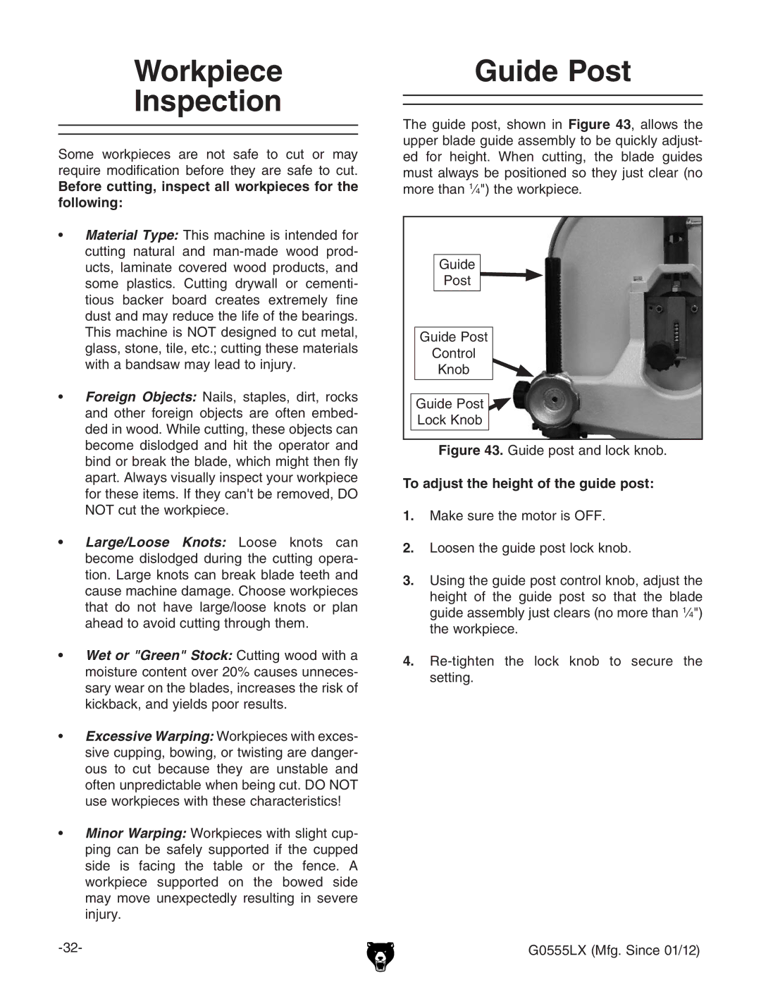 Grizzly G0555LANV owner manual Workpiece Inspection, Guide Post, Before cutting, inspect all workpieces for the following 