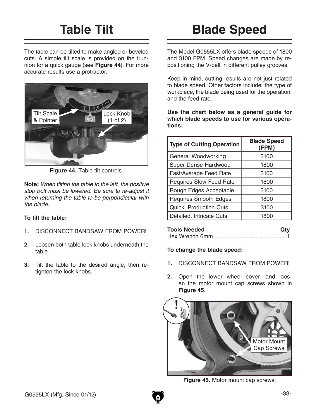 Grizzly G0555LANV owner manual Table Tilt Blade Speed, To tilt the table, To change the blade speed 