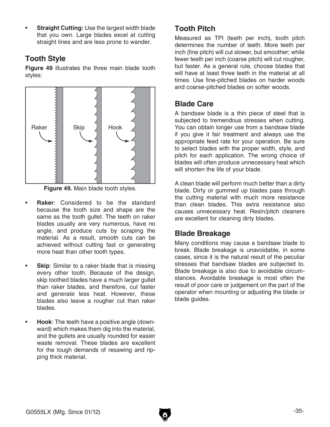 Grizzly G0555LANV owner manual Tooth Style, Tooth Pitch, Blade Care, Blade Breakage 