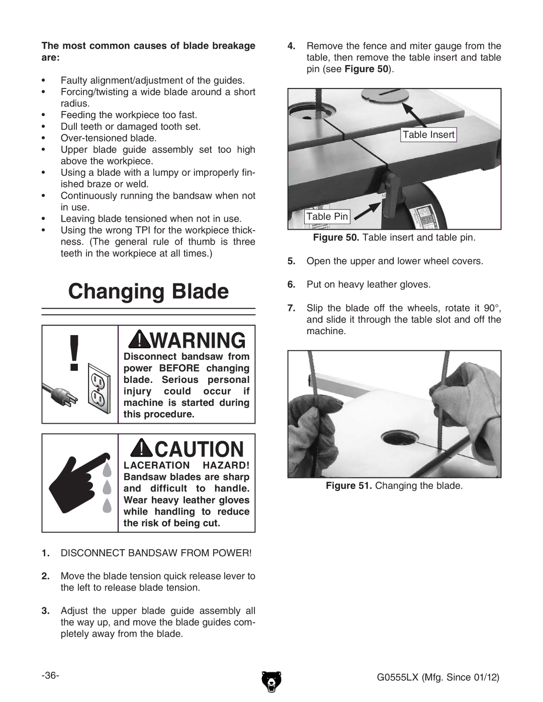 Grizzly G0555LANV owner manual Changing Blade, Most common causes of blade breakage are 