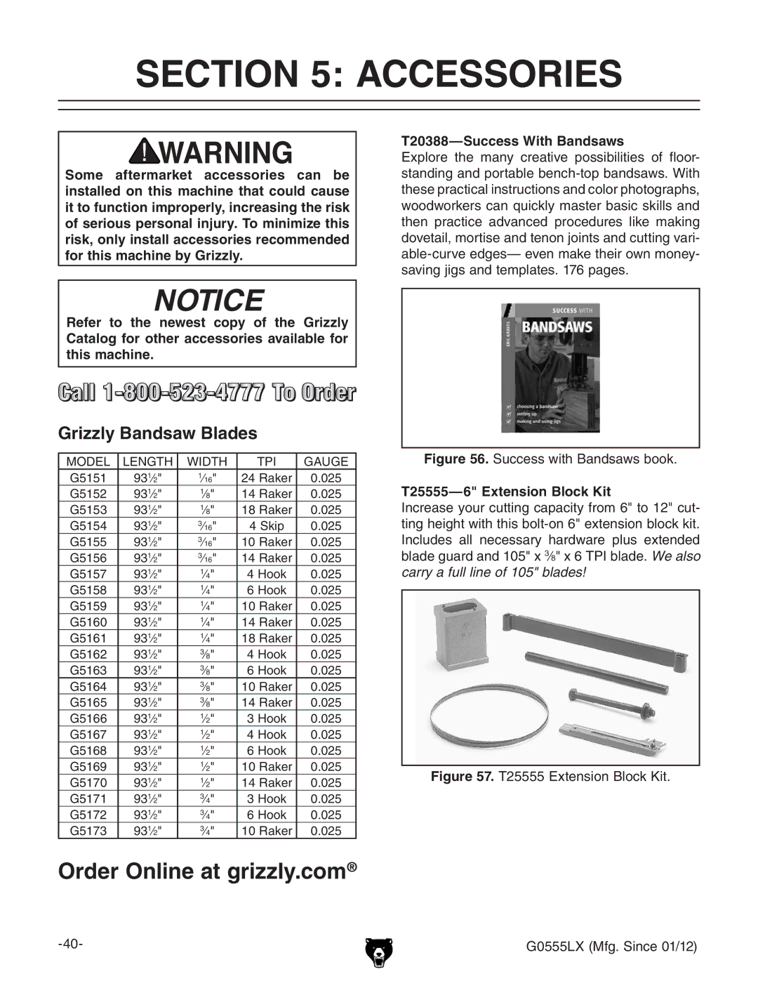 Grizzly G0555LANV Accessories, Grizzly Bandsaw Blades, T20388-Success With Bandsaws, T25555-6 Extension Block Kit 