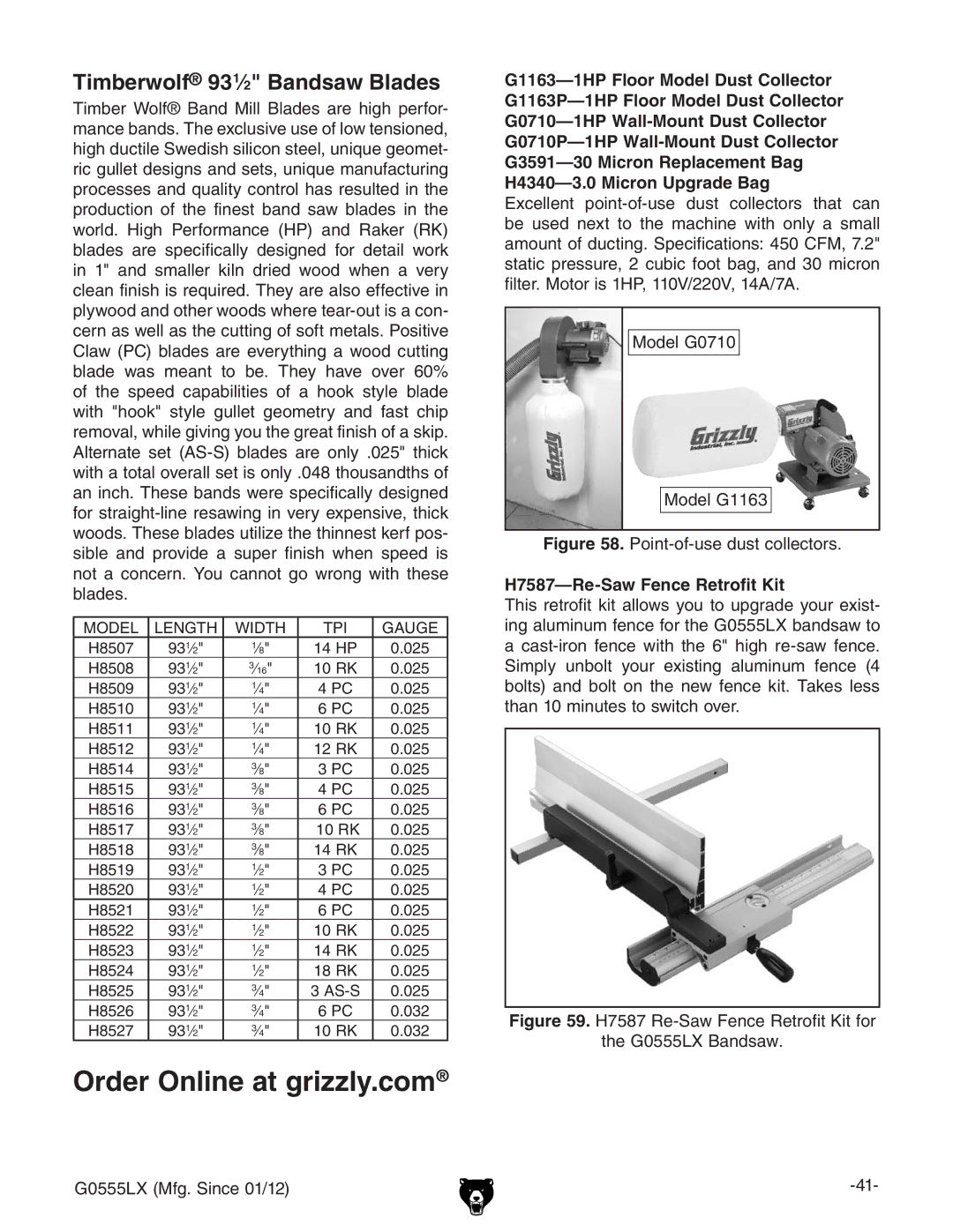 Grizzly G0555LANV owner manual Timberwolf 931⁄2 Bandsaw Blades, H7587-Re-Saw Fence Retrofit Kit 